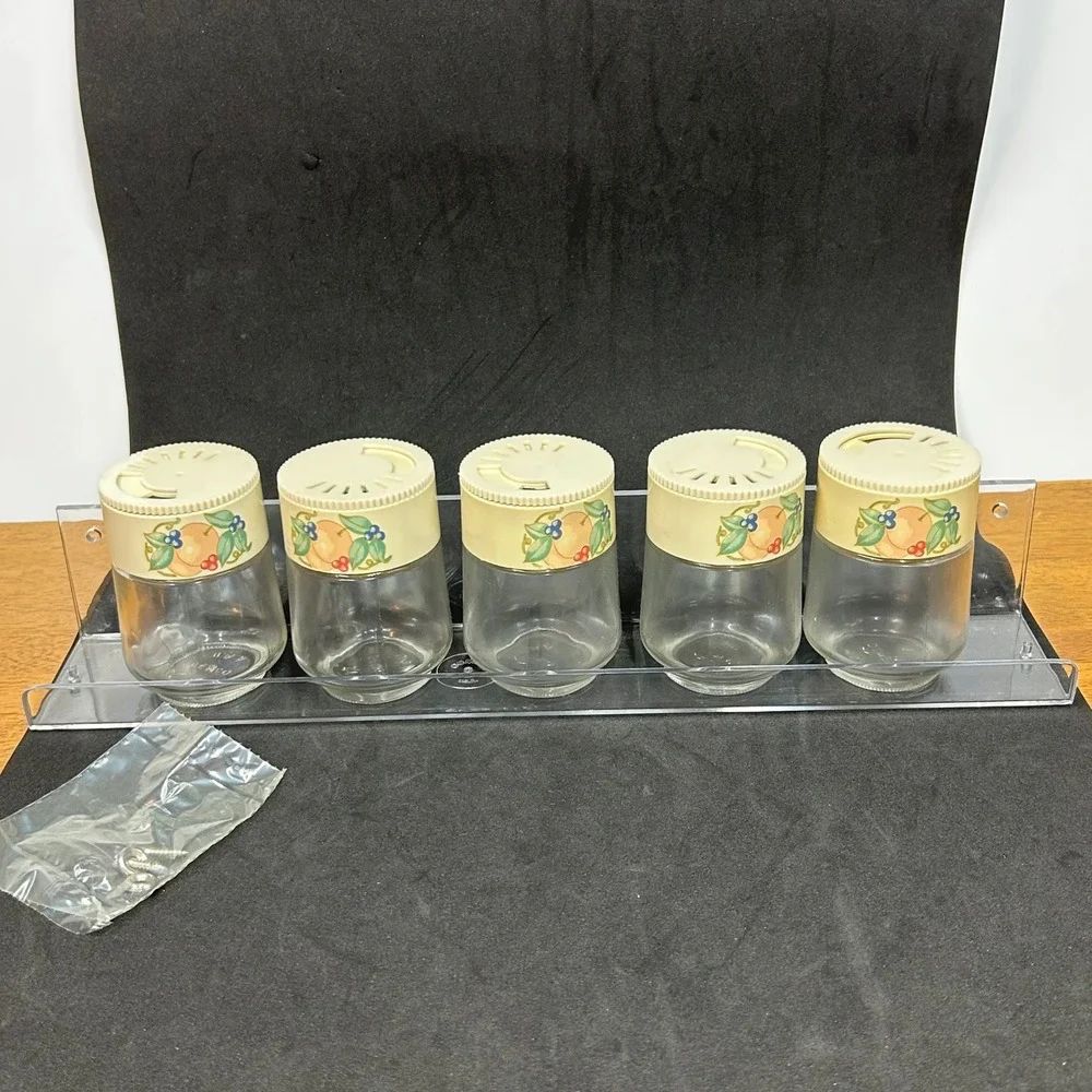 Vintage Gemco 5 Piece Glass Spice Jar Set Fruit Motif Acrylic Wall Rack USA